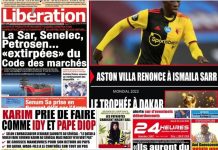La UNE DES JOURNAUX DU 23 AOUT: Aston Villa renonce à Ismaila Sarr; Jean Christophe « ils auront du mal à faire disparaitre Sonko »; Karim prie de faire comme Idy et Pape Diop; Achats de produits, La Sar, Senelec , Petrosen « extirpées » du code des marchés