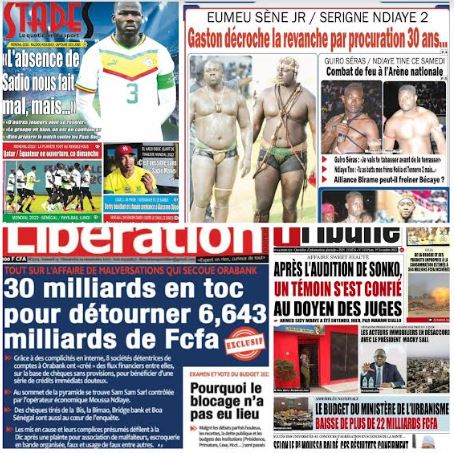 La une des journaux du 19 Novembre : mondial 2022, Kalidou Koulibaly, capitaine des lions, «l’absence de Sadio nous fait mal, mais…»; Eumeu Séne Jr/ Serigne Ndiaye 2 Gaston décroche la revanche par provocation 30 ans…; Tout sur l’affaire de malversations qui secoue Orabank, 30 milliards en tic pour détourner 6, 643 milliards de FCFA ; affaire sweet beauté, après l’audition de Sonko, un témoin s’est confié au Doyen de juges